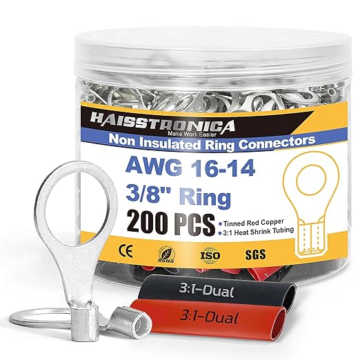 haisstronica Non Insulated Wire Connectors Kit，100pcs 3/8” Ring Terminals (AWG 16-14) with 100pcs 3:1 Heat Shrink Tubing for Automotive Marine，Brazed Seam Wire Crimp terminals