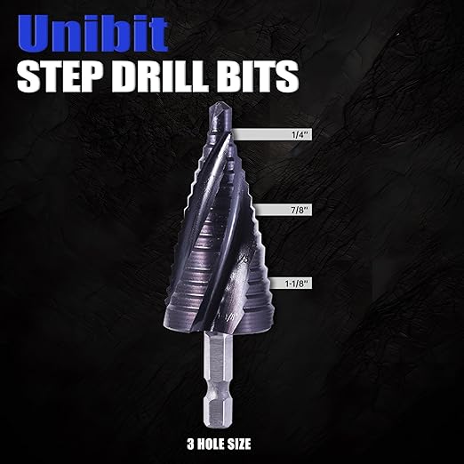 Four Spiral Flute Cobalt Step Drill Bit, 1/4"-1-1/8" M35 Cobalt Step Drill Bit Wear-Resistant AlTiN Coated, 1/4" Hex Shank for Hole Drilling in Stainless Steel, Copper, Aluminum, Wood, Plastic