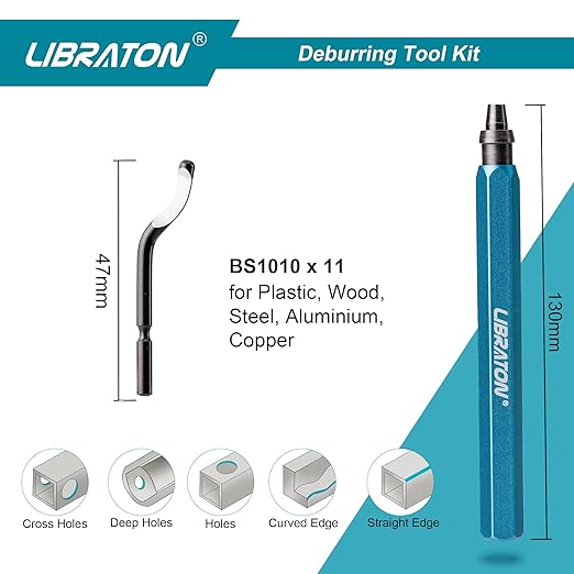 Libraton Deburring Tool with 11 High Speed Steel Blades (BS1010), 360 Degree Rotary Head Deburring Tool for Metal, Resin, Aluminum, Copper, Plastic, 3D Printing, Wood