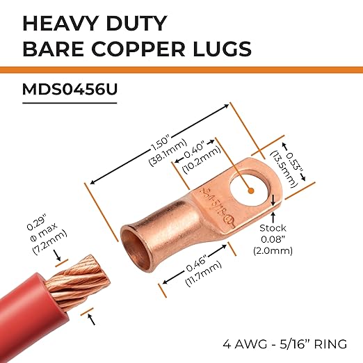 SELTERM 25pcs 4 AWG 5/16" Stud Battery Lugs, Ring Terminals, Heavy Duty Copper Wire Lugs, Battery Cable Ends, 4 Guage Ring Terminal Connectors, UL Bare Copper Eyelets Electrical Battery Cable Lugs