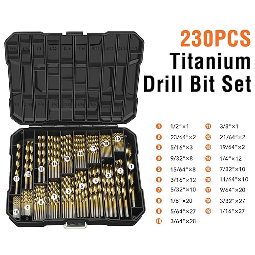 Enertwist Titanium Drill Bit Kit Set 230 Pieces Coated HSS Conventional 135° Tip High Speed Steel for Wood/Cast Iron/Plastic/Fiberglass from 3/64inch up to 1/2 Inch, ET-DBA-230C