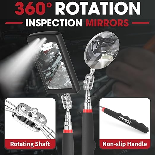 DIYSELF Telescoping Magnetic Pickup Tool, Flexible LED Magnetic Pickup Tool with 360 Swivel Adjustable Inspection Mirror, Telescoping Magnet for Men, Great Gifts for Dad, Husband, 5-in-1 Set