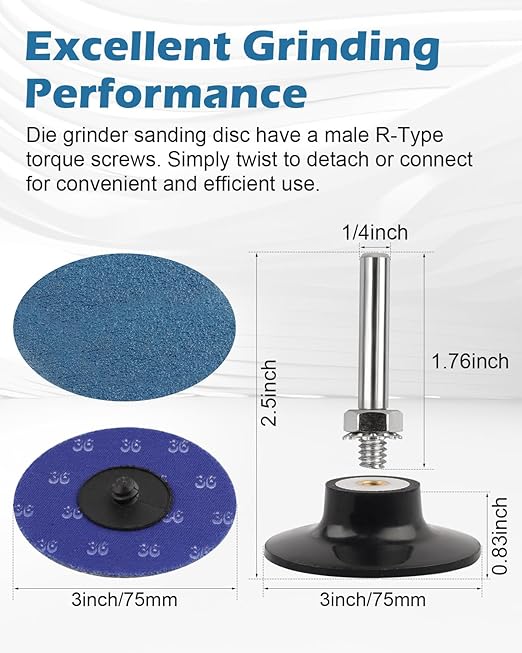 3 inch Sanding Discs Roll Lock Quick Change Discs, 30PCS 36 Grit Grinding Disc Set with 1pcs 1/4'' Holder for Die Grinder, Discs & Backing Pad - R-Type Roll Lock Sandpaper Discs.