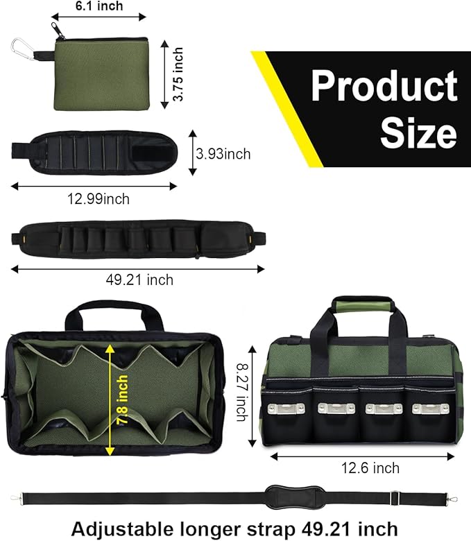 12 Inch Small Tool Bag-48 Pockets,1680D Tear&Abrasion Resistant,Includes Tool Pouch,Tool Belt,Magnetic Wristband&Adjustable Shoulder Strap | Tool Organizer(Green)