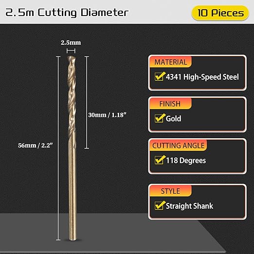 Drill Bit, 2.5mm Cutting Diameter, 4341 HSS Gold and Black 118° Cutting Angle Number Jobber Bits - (Applications: for Drilling Soft Metal Plastic Wood), 10-Pieces
