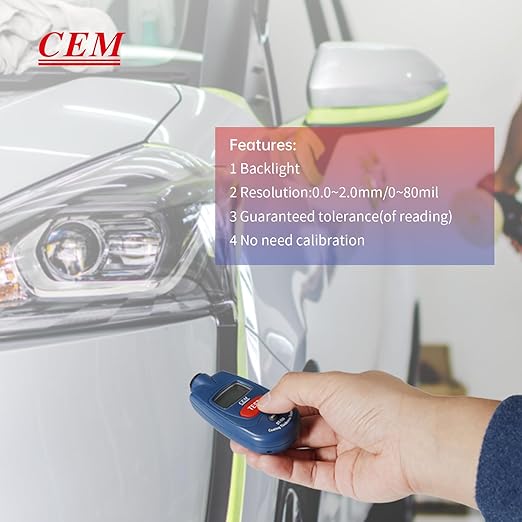 CEM Paint Thickness Gauge,Car Boat Coating Tester with Calibration Plates&Battery,Fe/NFe Automatic Recognition Portable Digital Thickness Meter Detector,Backlight LCD Display,Auto Power Off&Lanyard