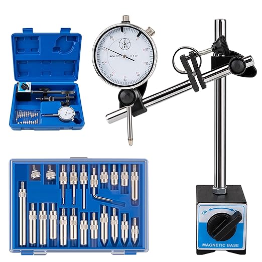 Dial Indicator with Magnetic Base, 0-1"×0.001" Precision Dial Test Indicator Set, Adjustable Long Arm Magnetic Dial Indicator Base Holder for Workshop, Lab & Mold Making