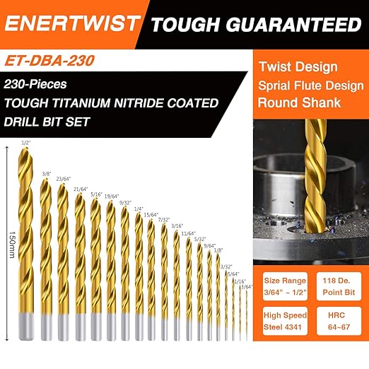 ENERTWIST Titanium Drill Bit Kit Set for Metal and Wood 230-Piece - Anti-Walking 135 Deg Tip Coated HSS from 3/64inch up to 1/2 Inch, ET-DBA-230B