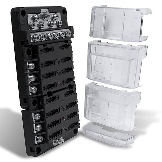 True Mods 12 Way Fuse Block with 12 Ground Negative Busbar for Automotive [12V - 32V DC] [100 Amp Max] [Modular Design] [ATC/ATO Fuses] [LED Indicator] Auto Marine Ground Terminal Fuse Box