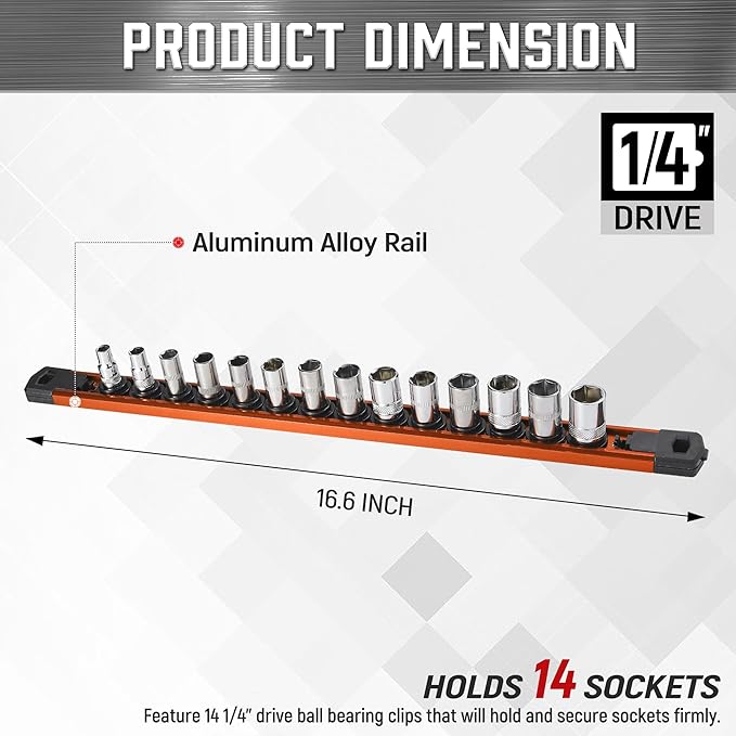 ALOANES 1/4-Inch Drive Magnetic Socket Organizer, Heavy Duty Aluminum Socket Rail Organizer, 360° Swivel Clips Socket Holder Kit for Tool Box, 1/4-Inch Socket Holder x 14 Clips (Orange)