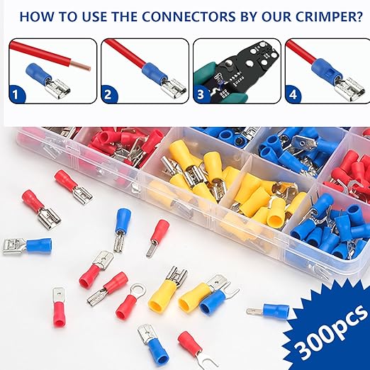 Tnisesm 300Pcs Spade Connector 16 Types with Professional Wire Stripper/Wire Crimping Tool, Wire Cutter, Wire Crimper, Cable Stripper, Wiring Tools and Multi-Function Hand Tool