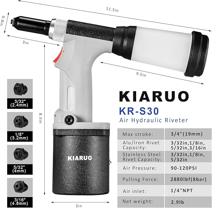 Pneumatic Rivet Gun S30 Self-Suction Air Rivet Gun 3/16" 5/32" 1/8" 3/32" Hydraulic Riveter with 1 Set of Extra Jaws