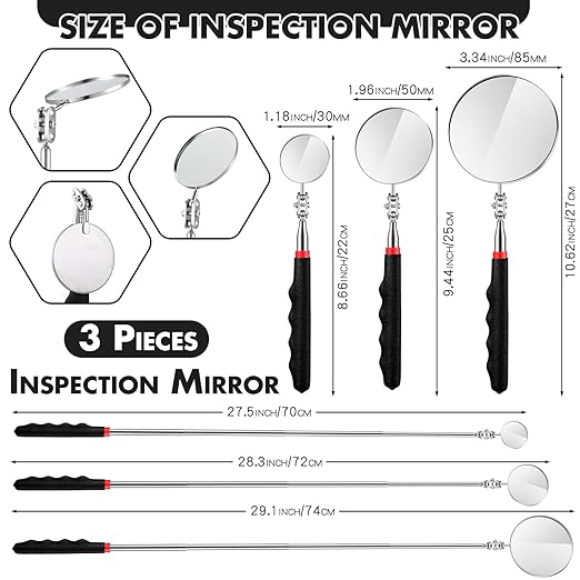 3 Pieces Telescoping Inspection Mirror Stainless Steel Extendable Mechanic Mirror with Long Handle Tool for Technicians Mechanics Contractors Eyelashes Mouth and Other Small Parts(Black)
