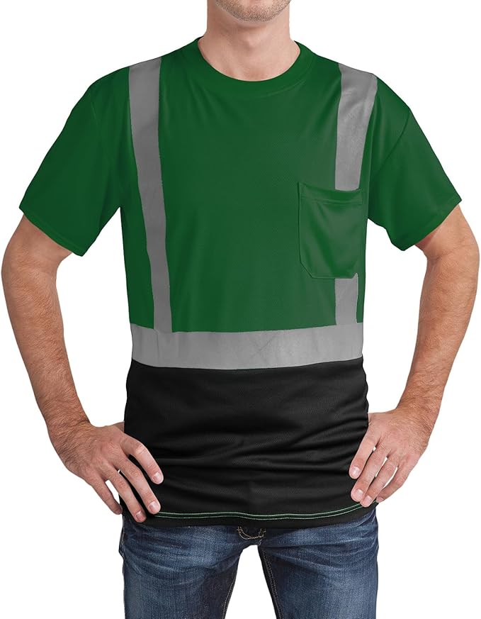 High Visibility Shirts Quick Dry Safety T Shirts with Reflective Strips and Pocket Short Sleeve Mesh Hi Vis Construction Work Class 2 Shirt for Men/Women Black Bottom Green,Medium