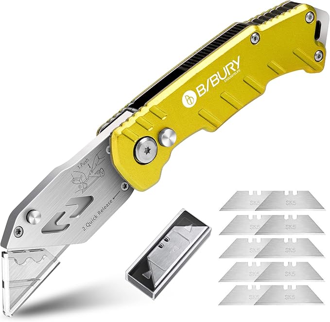 Utility Knife, BIBURY Upgraded Version Heavy Duty Box Cutter, Pocket Carpet knife with 10 Replaceable SK5 Stainless Steel Blades, Belt Clip, Easy Release Button, Quick Change and Safety Lock-Yellow