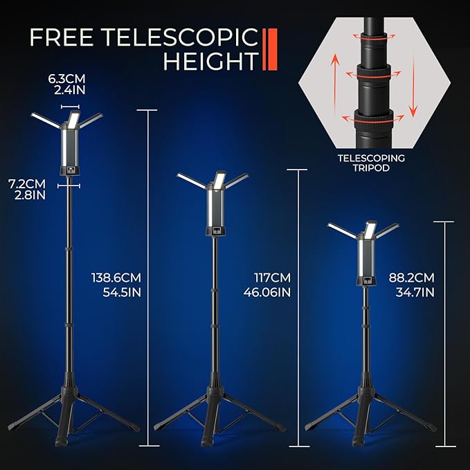 Rechargeable Camping Light with Stand 54" 3 LED Lamp Heads Detachable Tripod, 6000mAh 2000 Lumen Dimmable, Magnetic Emergency Flashlight, Outdoor Indoor Jobsite Workshop,Portable Cordless