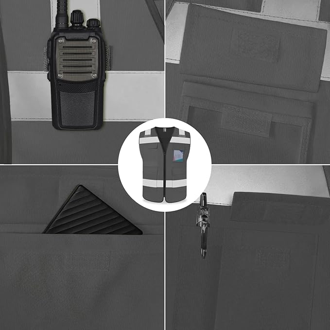 TCCFCCT High Visibility Reflective Safety Vest 5 Pockets - Men & Women, Hi Vis Vest for Construction with Walkie-talkie Strips, ANSI/ISEA Compliant, Grey L