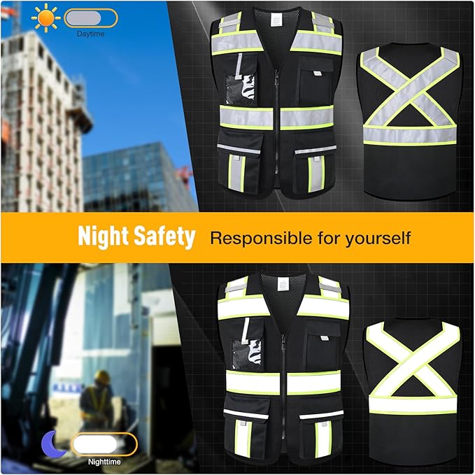 Class 2 Safety Vest with Zipper Front and multiple Pockets, High Visibility Vest, Meets ANSI/ISEA Standards