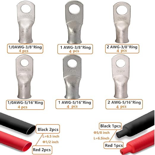 SVAAR 0 Gauge 1 Gauge 2 Gauge Tinned Copper Wire Lugs with 5/16" and 3/8" Stud Ring Terminals Battery Copper Cable Lugs Battery Terminal Connectors Heavy Duty Crimp Cable Ends with 3:1Heat Shrink Tube