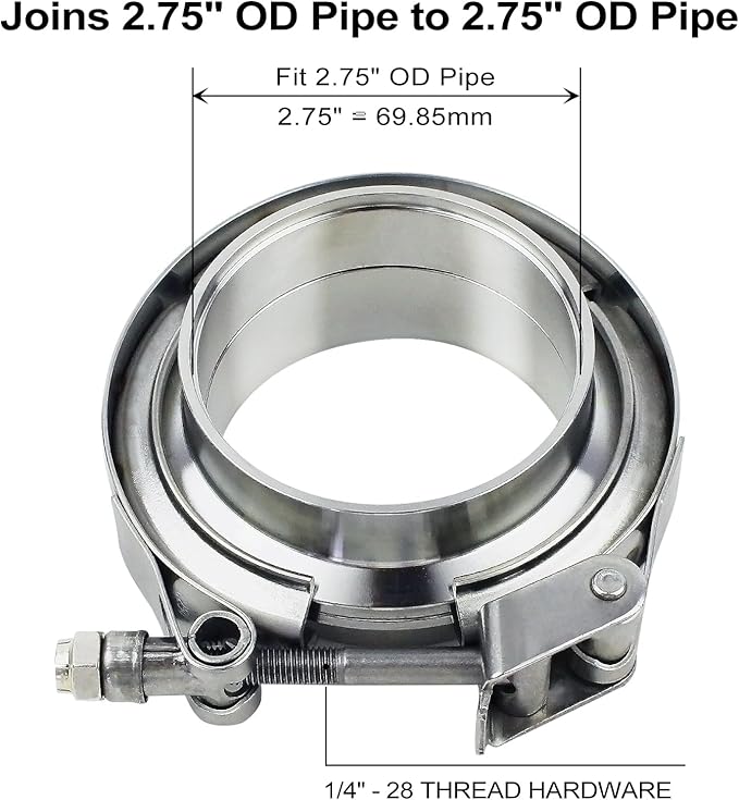 2.75 inch V Band Clamp - 2 sets of Quick Release Vband Clamps with Male Female Flanges Stainless Steel for exhaust system, turbocharger, downpipe and mufflers (2.75" - 2 Pack)