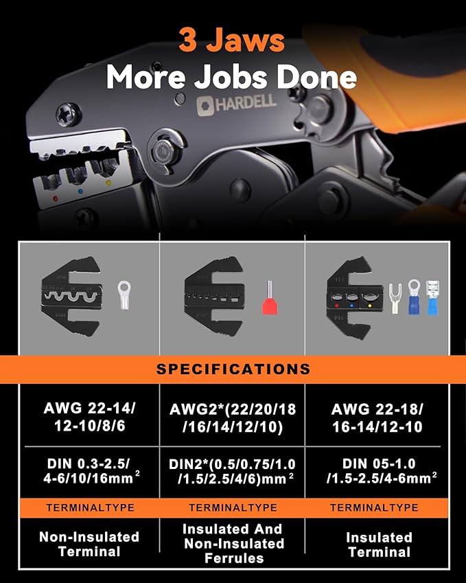 HARDELL Crimping Tool for Heat Shrink AWG22-10, Wire Crimping Tool with 90 PCS Wire Connectors, 3 Interchangeable Dies, Anti-Slip Grip, Electrical Connectors Kit Ratchet Wire Terminal Crimper