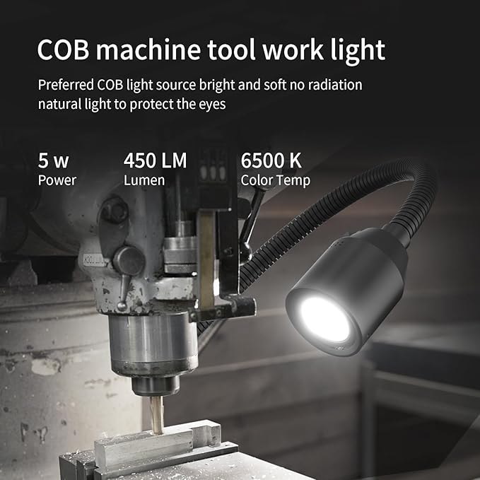 LED Work Lights - 450 Lumens COB Lamp, Flexible Gooseneck, Screw-Fixed Base, Ideal for Machine Tools, Lathe Workbenches