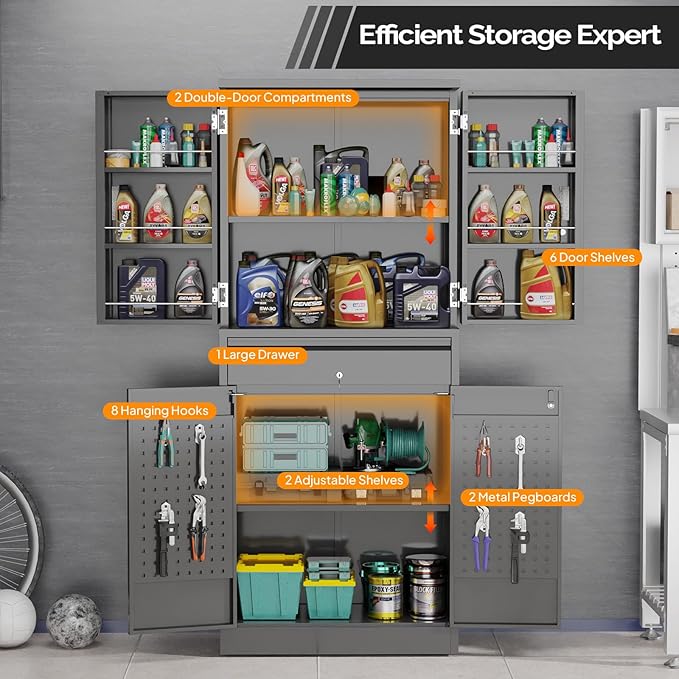 VINGLI Metal Storage Cabinet with 4 Doors & 1 Drawer, 71'' Steel Locking Cabinet with 6 Door Hanging Shelves and Adjustable Shelves for Garage, Warehouse, Home Kitchen, Dining Living Room (Black)