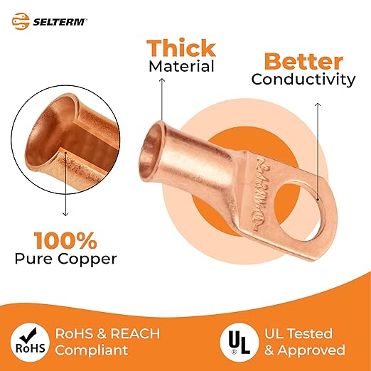 SELTERM 2pcs 4 AWG 3/8" Stud (Wide Pad) Copper Wire Lugs,Battery Lugs, Ring Terminals,Battery Cable Ends, 4 Guage Ring Terminal Connectors,UL Heavy Duty Bare Copper Eyelets Battery Terminal Connectors