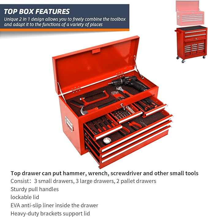 8-Drawer High Capacity Rolling Tool Chest, Big Storage Removable Tool Box Combo, Lockable Drawer Tool Cabinet for Workshop and Garage (Red)