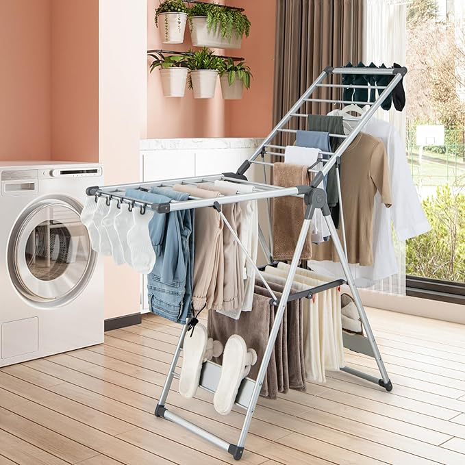 Tangkula Collapsible Clothes Drying Rack, 2-Layer Space-Saving Aluminum Drying Rack w/Adjustable Wings, Folding Laundry Drying Rack for Indoor & Outdoor Use