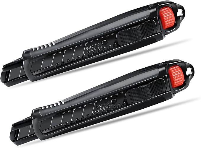 2PCS HAUTMEC 18mm Extra Heavy Duty Utility Knife with Double Lock Mechanism, Auto-Lock and Ratchet- Lock for Double Safety, SK2 Sharp Black Blade for Industrial or Construction Applications HT0136-2PC