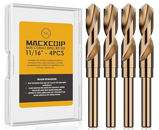 11/16" (4pcs) Cobalt Drill Bit Set - 6Inch Length, M35 High Speed Steel Jobber Length Drill Bit Kit for Hardened Metal, Stainless Steel, Cast Iron, Wood and Plastic, with Index Storage Case