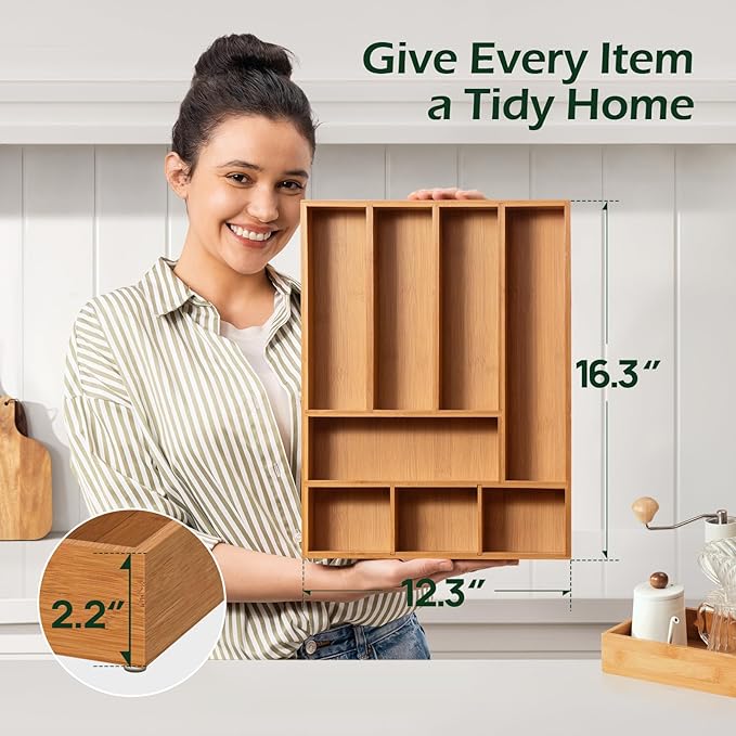 Carbonized Bamboo Kitchen Drawer Organizer, 8 Slots Silverware Organizer, Utensil Holder & Cutlery Tray, 2.2" Deep for Extra Capacity, Non-Slip Feet Included