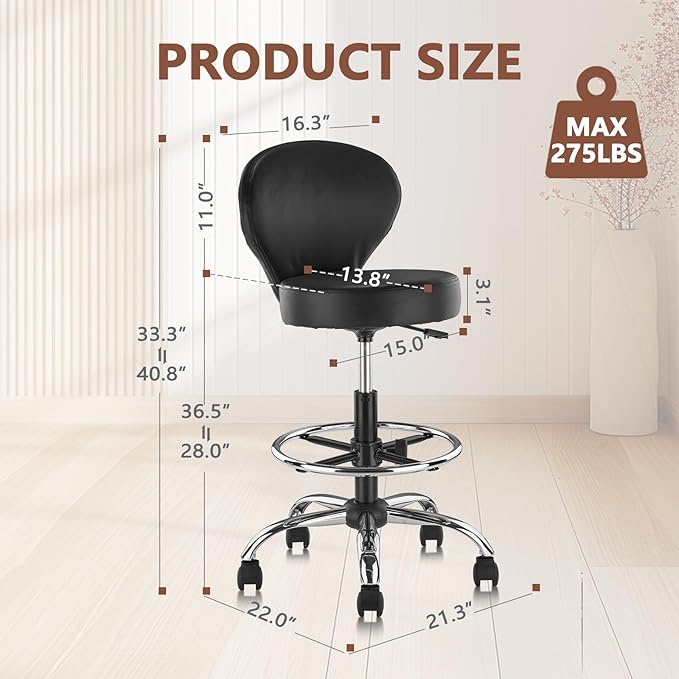 Black PVC Faux Leather Drafting Chair Set of 4 Rolling Swivel Salon Stool with Back Support Foot Rest Adjustable Hydraulic Seat Height for Massage Facial Spa Medical Drafting Tattoo Beauty
