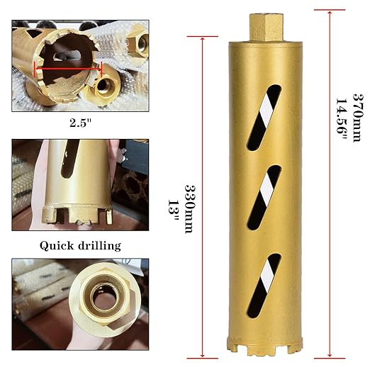 2.5" Dry Core Drill Bits for Cured Concrete with Rebar Brick Blonck Masonry etc 12.2in/310mm Drilling Depth，10mm Diamond Segment Height，2 Adapters