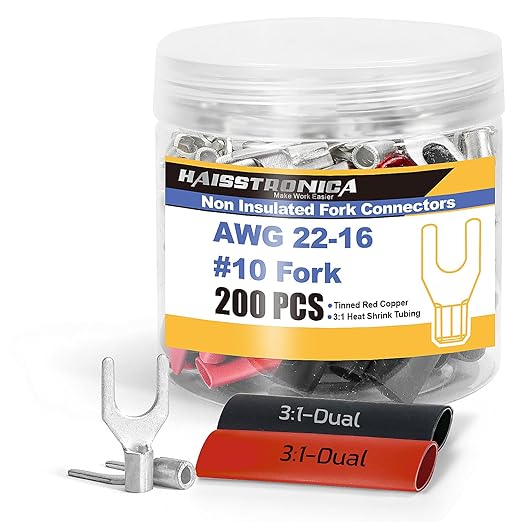 haisstronica Non Insulated Wire Connectors Kit，100pcs #10 Fork Terminals (AWG 22-16) with 100pcs 3:1 Heat Shrink Tubing for Automotive Marine，Brazed Seam Wire Crimp terminals