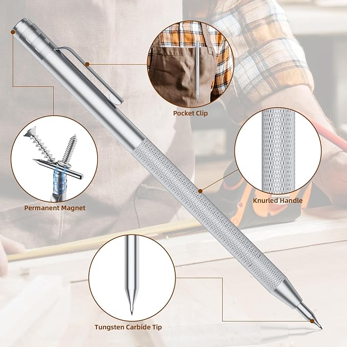 5-Pack Tungsten Carbide Scriber, Metal Scribe Tool with 25 Replacement Marking Tips & Steel Ruler - Knurled Aluminum Handle & Magnet, Engraving Pen for Glass/Ceramics/Metal Sheet (5)
