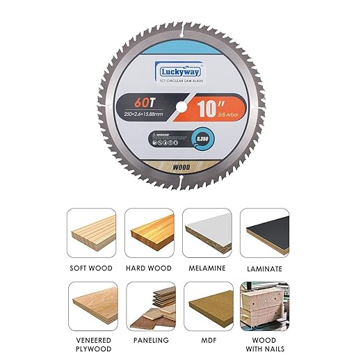 Luckyway 10 Inch Miter/Table Saw Blades 60T with 5/8 Inch Arbor TCT Circular Saw Blade for Cutting Wood