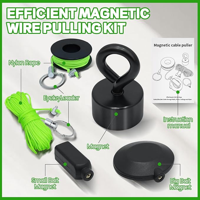 Magnetic Wire Puller Kit - Wiremag Fish Tape with Magnet for Running Wires & Cables Behind Walls Indoor/Outdoor