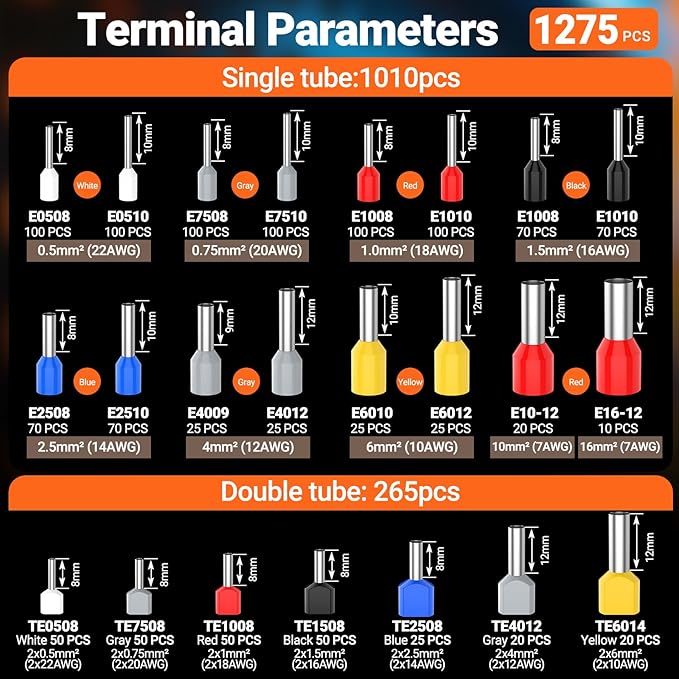 Preciva Ferrule Crimping Tool Kit - AWG 28-5 Self-Adjusting Ratchet Crimper with 1010Pcs Single & 265Pcs Twin Ferrules | Wire Terminal Connectors Kit