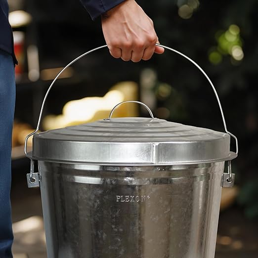 Plexon Metal Trash Can with Locking Lid Outdoor Storage Bucket for Bird Seed Ash Galvanized Steel 10-Gallon 2 Pack