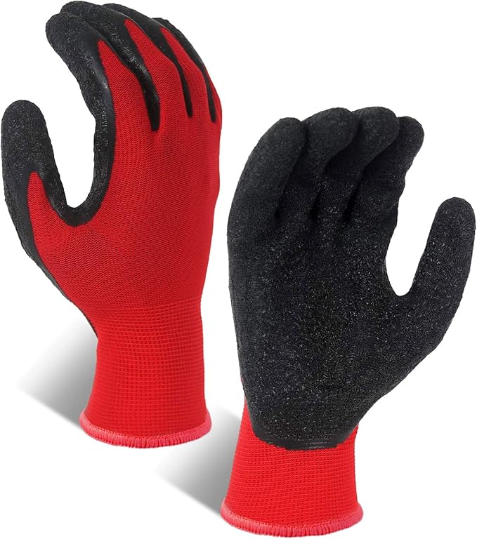 Evridwear Crinkle Latex Rubber Hand Coated Safety Work Gloves for Men Women General Multi Use Construction Warehouse Gardening Assembly Landscaping (S-Size) 12 Pairs Pack