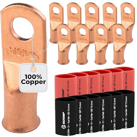 SELTERM 10pcs - 1 Awg - 5/16" Stud - Battery Lugs - Ring Terminal Connectors | with 12pcs 3:1 Black & Red Heat Shrink Tubing with Adhesive | Heavy Duty Battery Cable Ends - Bare Copper Wire Lugs Kit