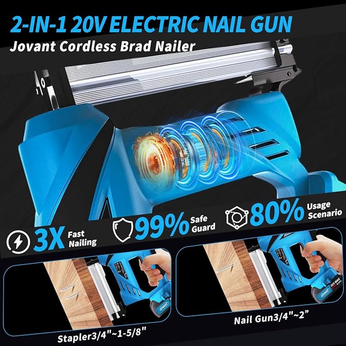 2 in 1 Nail Gun Battery Powered, 20V Cordless Nail Gun,400pcs Nails, 400pcs Staples, with Staple Puller, 2 * 2.0Ah Li-Ion Batteries and 2.4A Charger, Brad Nailer for Home Improvement & DIY