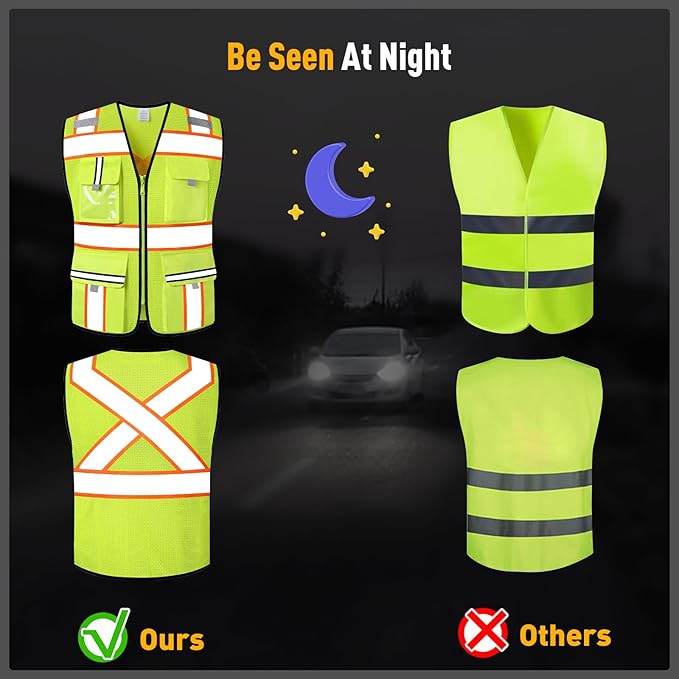 Class 2 Safety Vest with Zipper Front and multiple Pockets, High Visibility Vest, Meets ANSI/ISEA Standards