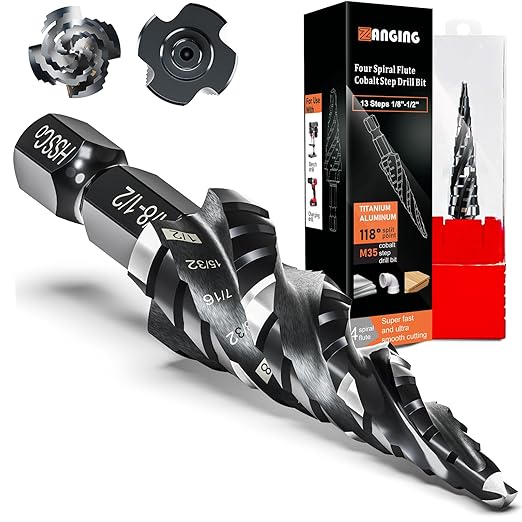 Four Spiral Flute Step Drill Bit for Metal,M35 Cobalt Unibit Step Drill Bit Set 1/8"-1/2"(13 Sizes),Wear-Resistant AlTiN Coated,1/4" Hex Shank for Metal, Stainless Steel, Aluminum, Plastic