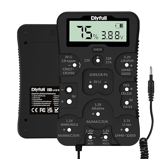 Dlyfull Battery Tester, LCD Display Universal Battery Checker for Ni-MH, Ni-CD, Li-ion, Alk & LiFe04 Batteries(AA AAA C D 9V 12V 18650 CR123A 2CR5 CR2032 Cells), 2X AAA Batteries Included