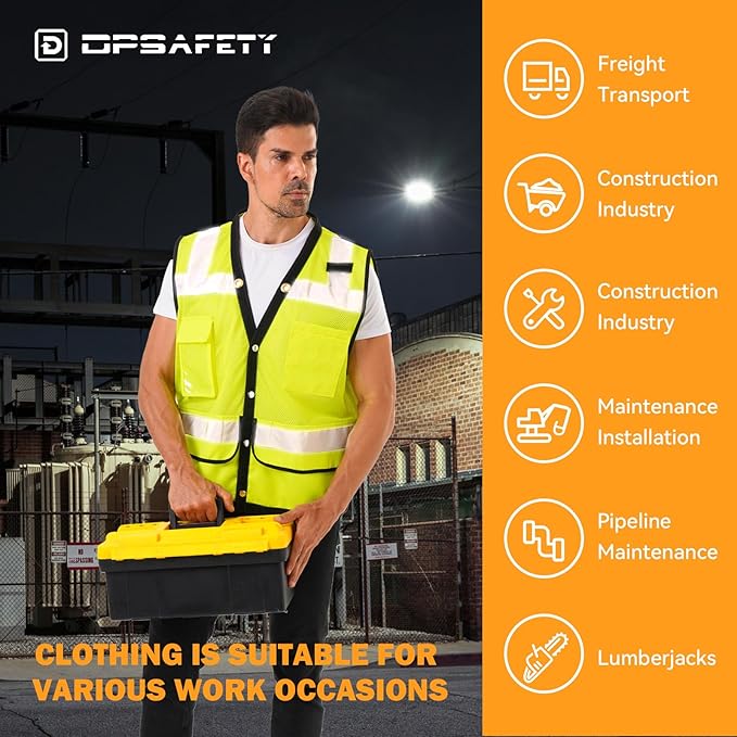 Reflective Safety Vest With Back Pocket, Hi Vis Class 2 Surveyor Vest, ANSI/ISEA Standard Construction Vest for Men & Women(Lime-Button, L)