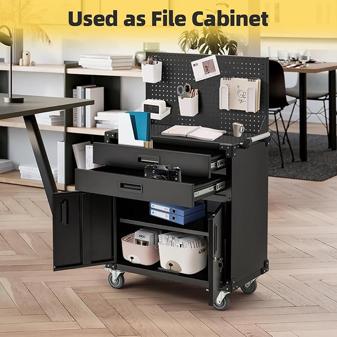 52'' Work Bench for Garage with Pegboard Drawers and Cabinets Heavy Duty Metal Frame Tool Bench for Shop Kitchen Cabinets Organizer Work Table with Wheels