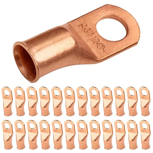 SELTERM 25pcs 3/0 AWG 1/2" Stud Battery Lugs, Ring Terminals, Heavy Duty Copper Wire Lugs, Battery Cable Ends, 000 Gauge Ring Terminal Connectors, UL Bare Copper Eyelets Electrical Battery Cable Lugs